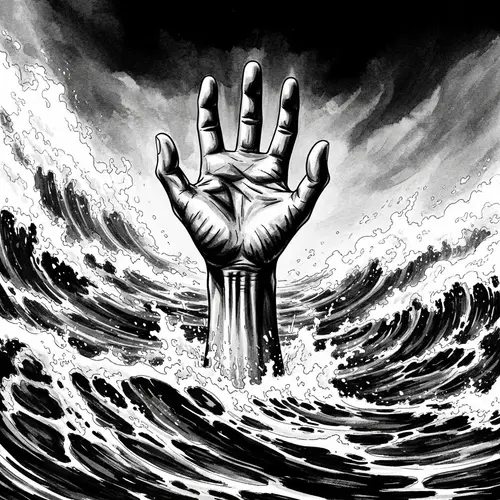 Dramatic Black and White Image: Hand Reaching from Stormy Sea
