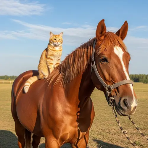Harmonious Companions: Silky Orange Feline & Gentle Chestnut Horse