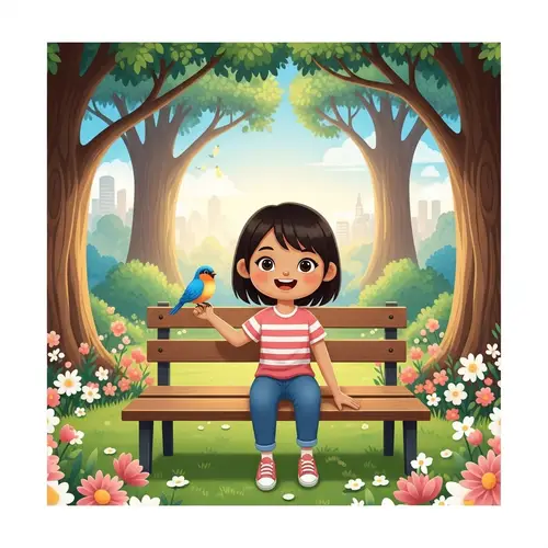 Jovial Southeast Asian Girl in Park with Chirpy Bird