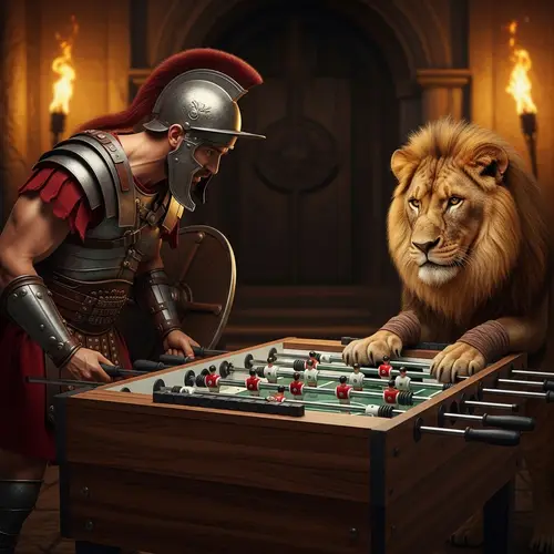 Gladiator vs Lion: Foosball Showdown - Epic Battle Scene