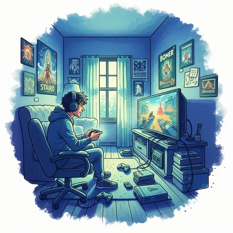 Vibrant Gamer's Retreat: Watercolor Bedroom Illustration