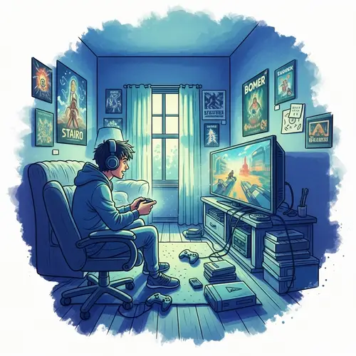 Vibrant Gamer's Retreat: Watercolor Bedroom Illustration