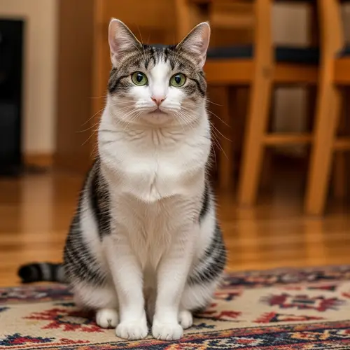 Silky Black and White Cat on Colorful Rug
