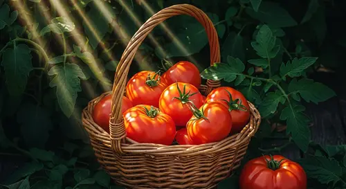 Rustic Still Life of Wicker Basket Filled with Ripe Tomatoes