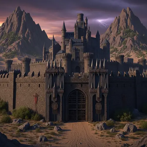 Somber Castle Between Tall Hills in Desert