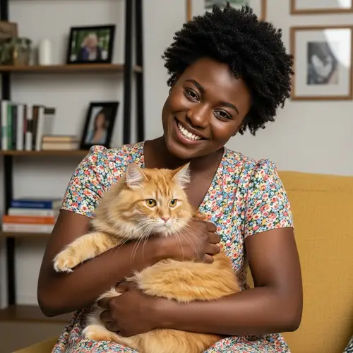 Joyful Black Female with Ginger Cat | Cozy Living Room Image
