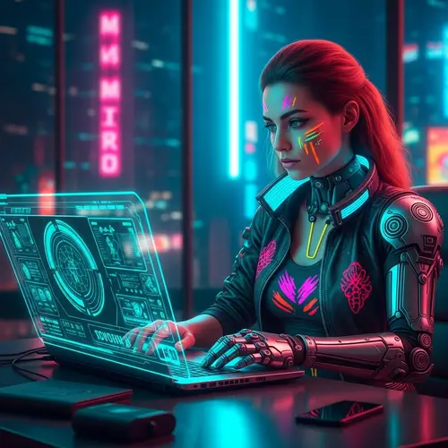 Futuristic Cyberpunk Woman in High-Tech Office | Sci-Fi Art