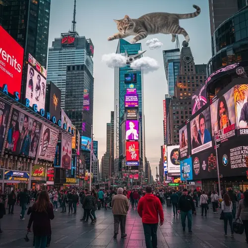 Vivid Times Square Scene with Majestic Cat Crafting Clouds