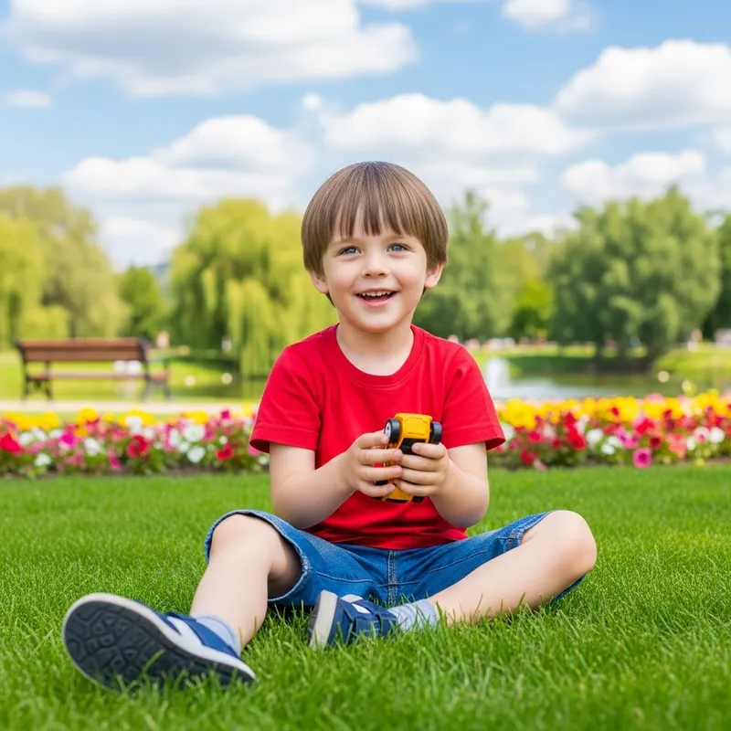Adorable Boy Playing with Toy Car Outdoors