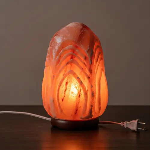 Glowing Pink Himalayan Salt Lamp on Dark Wooden Table