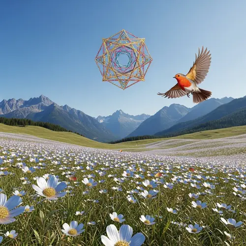 Metallic Flowers in Mountain Landscape | Red Robin & Sacred Geometry