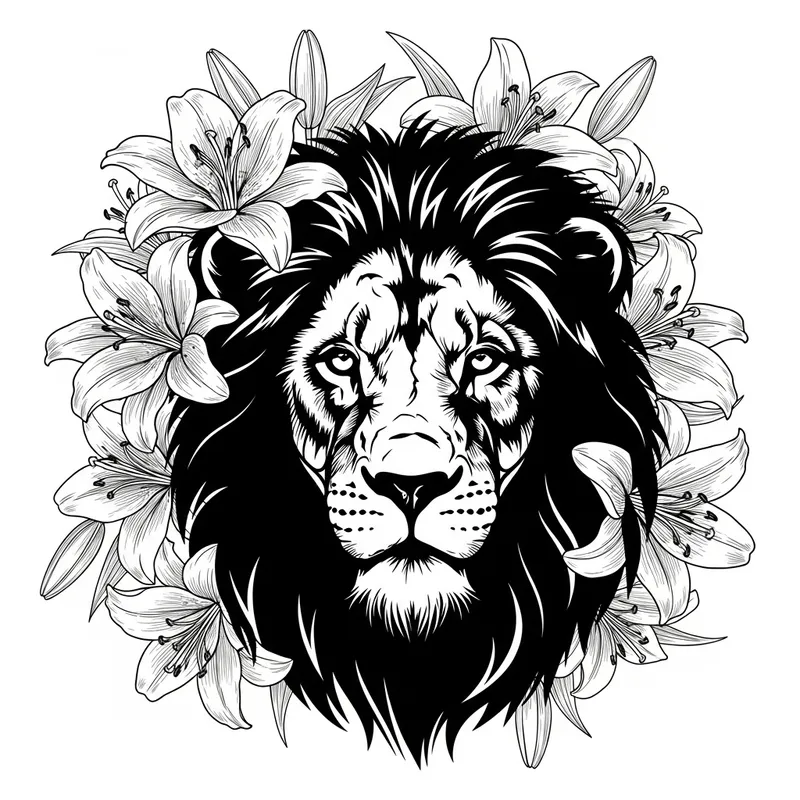 Lion Silhouette on White with Lily Flowers