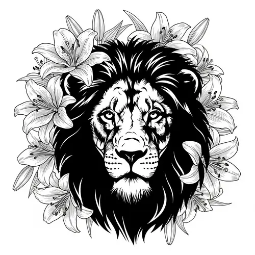 Stark Contrast: Lion Silhouette Amid Lily Flowers