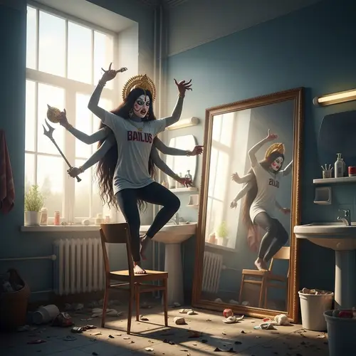 Surreal Anthropomorphized Deity Dance in Eerie Bathroom Scene