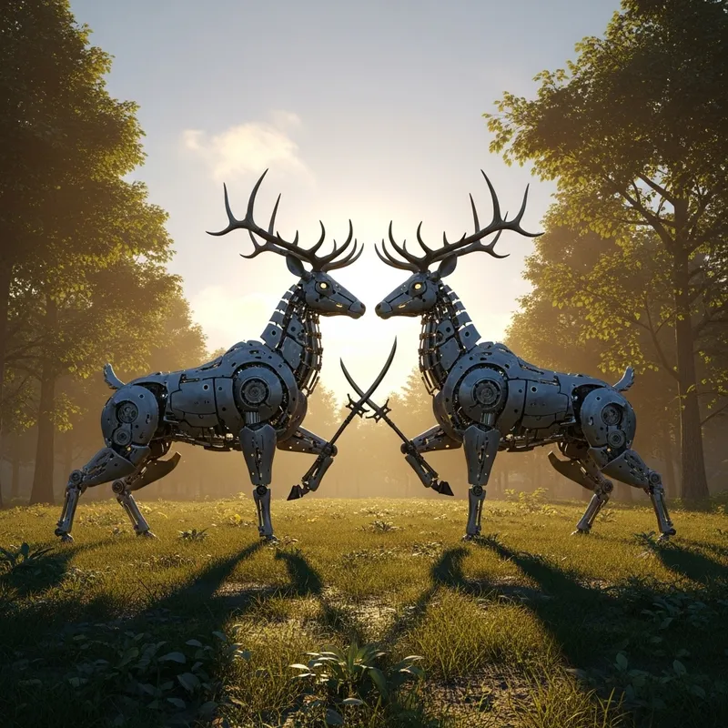 Mechanical Deer Battle in Intricate Gear Stance