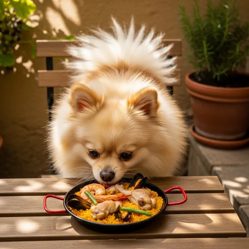 Fluffy Pomeranian Eating Paella - Cute Dog Moment