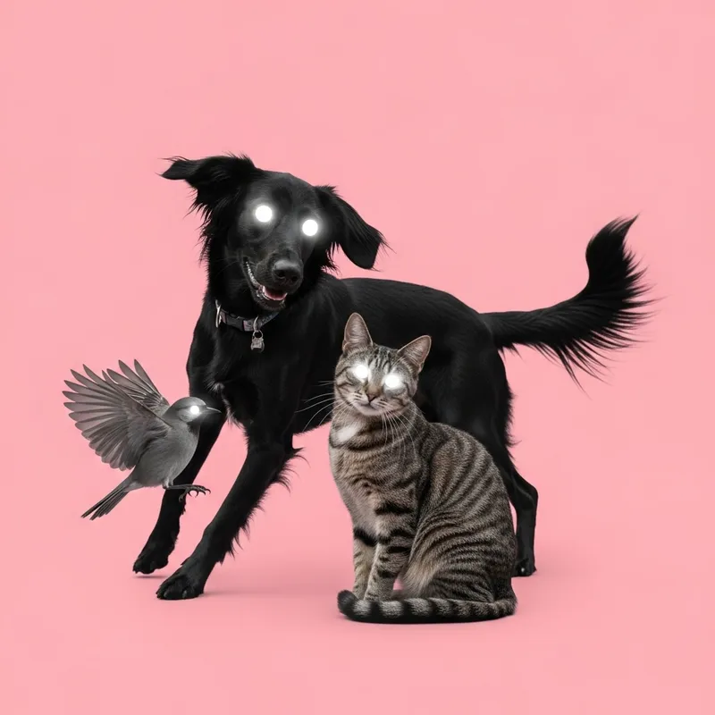 Surreal Black Dog, Cat, Bird with White Eyes on Pink Background