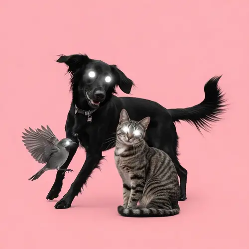 Surreal Black Dog, Cat, and Bird with Large White Eyes
