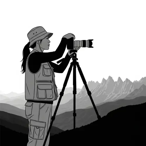 Asian Female Photographer Setting Up Camera for Distant View