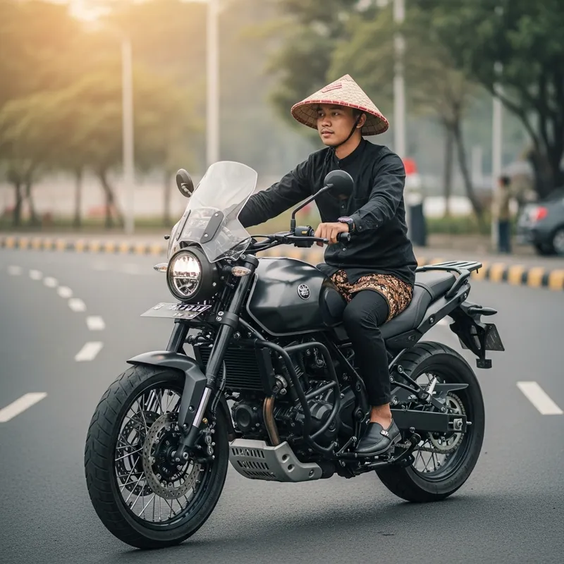 Indonesian 35-Year-Old Riding Motorcycle in Traditional Hat