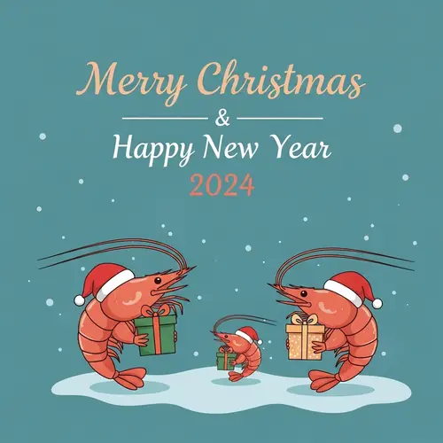 Merry Christmas & Happy New Year 2024 Card with Adorable Shrimp Family