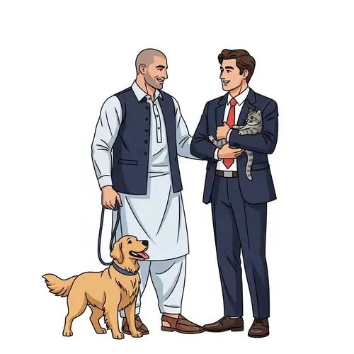 Men in Shalwar Kameez and Suit Share Moment with Pets