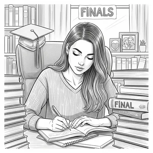 Determined Young Woman Studying for College Finals - Black-and-White Sketch