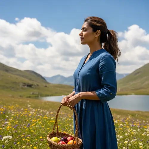 Tranquil South Asian Woman in Blue Dress with Basket in Sunlit Meadow