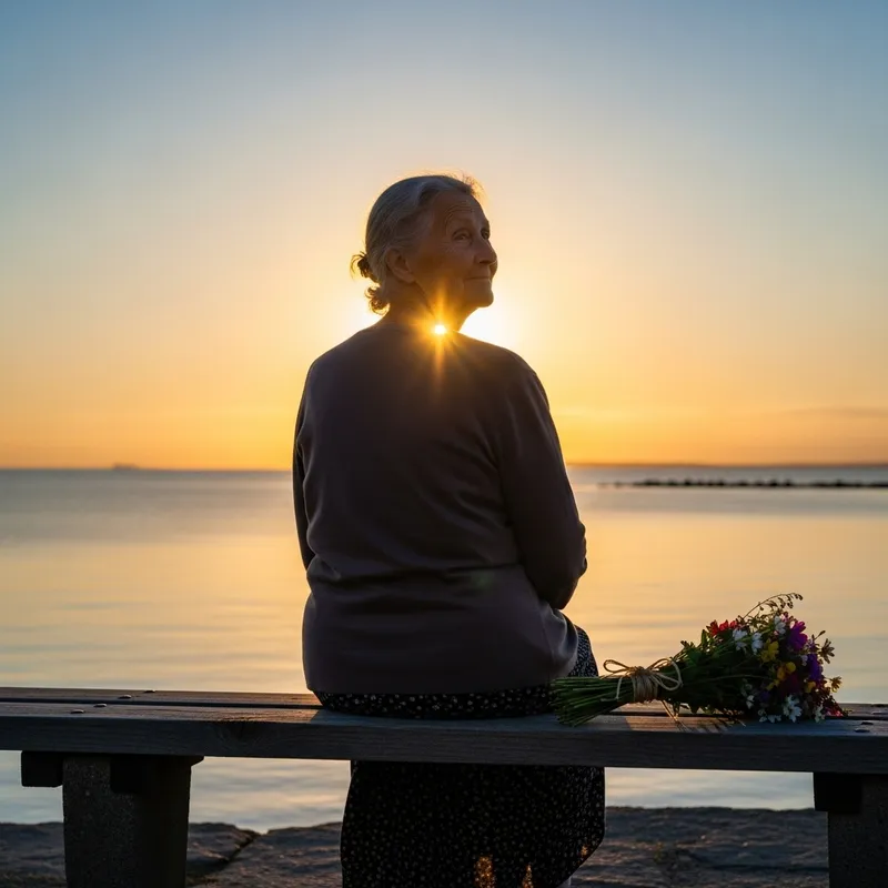 Elderly Woman Silhouette by the Sea with Flowers at Sunset