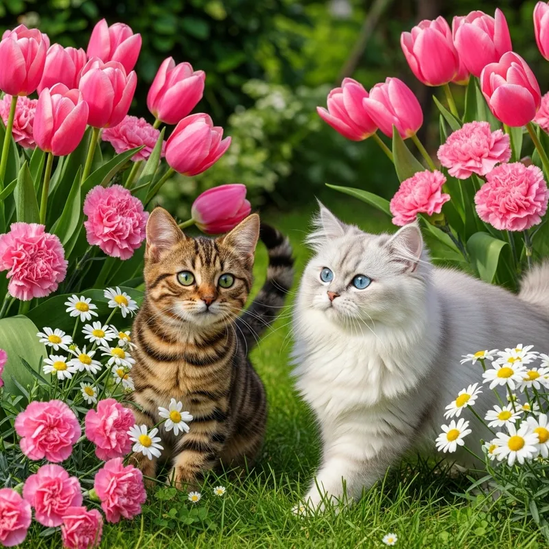 Enchanting Floral Scene with Playful Cats | Flowers Cats