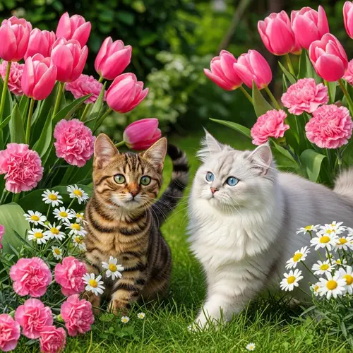 Enchanting Floral Scene with Playful Cats