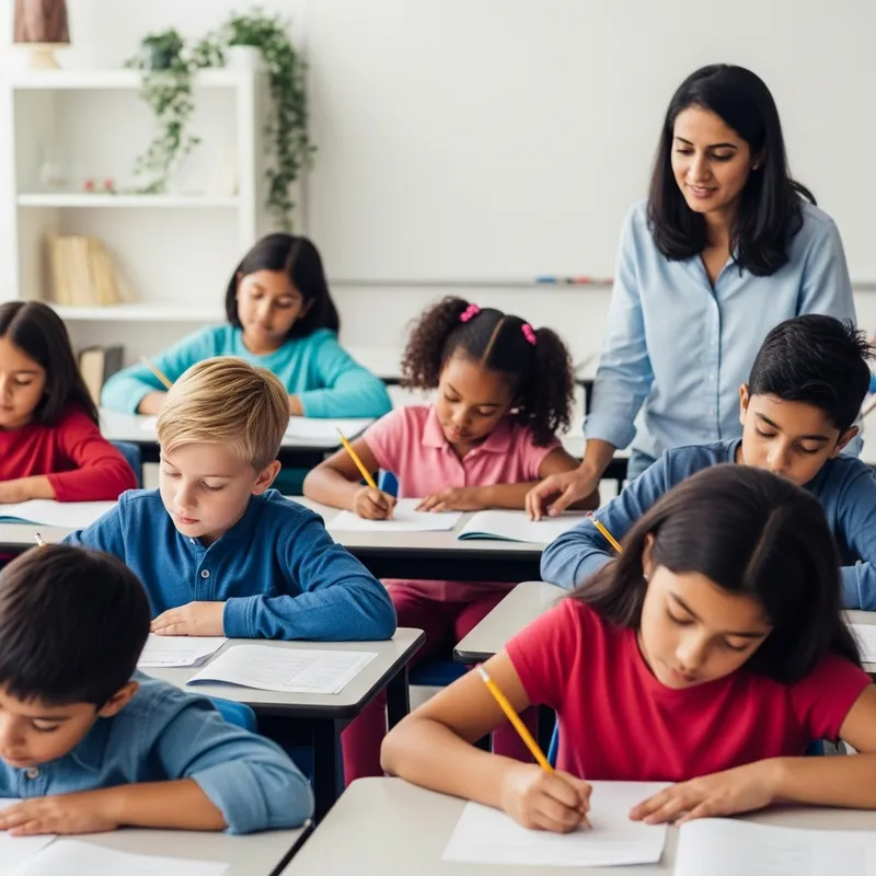 Focused Children Writing Test in Quiet Classroom