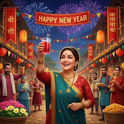 South Asian Woman Celebrating New Year in Colorful Village