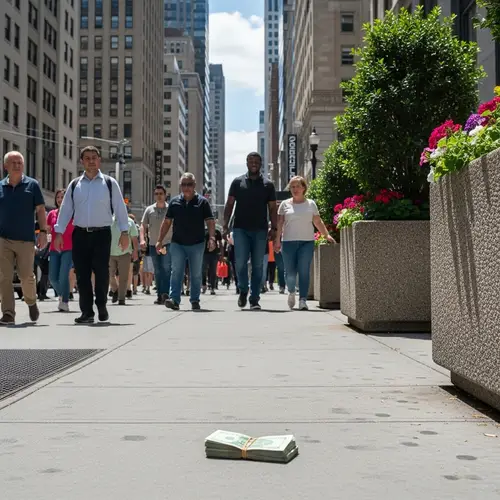 Bustling Urban Street Scene with Diverse People and Unexpected Find