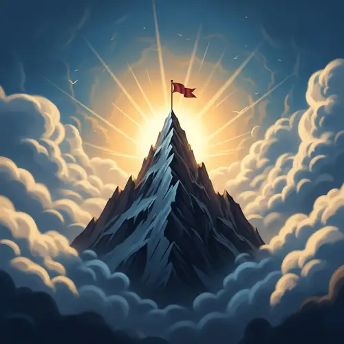 Abstract Achievement Illustration | Mountain Peak, Flag, Sun Rays