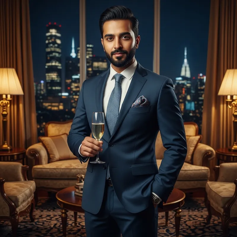 Wealthy South Asian Entrepreneur in Bespoke Attire Celebrating
