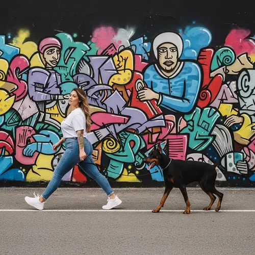 Vibrant Graffiti Art with Curvy Woman Walking Robust Doberman