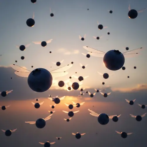 Large Flock of Blueberries Flying in the Sky