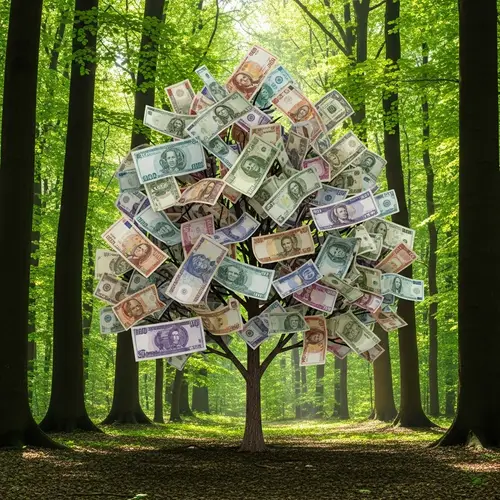 Surreal Money Tree in Forest: Unique Multicultural Currency Landscape