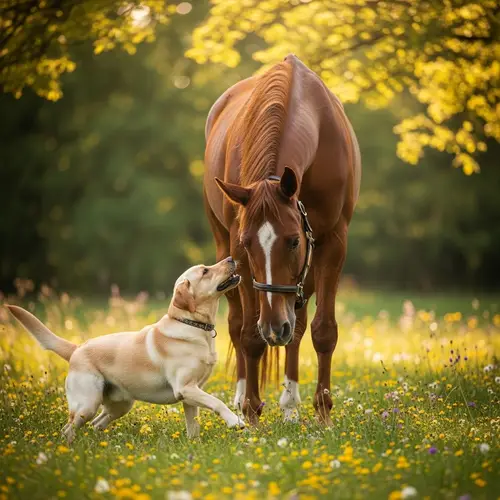 Playful Labrador Dog and Horse Enjoying Sunny Day in Grassy Meadow