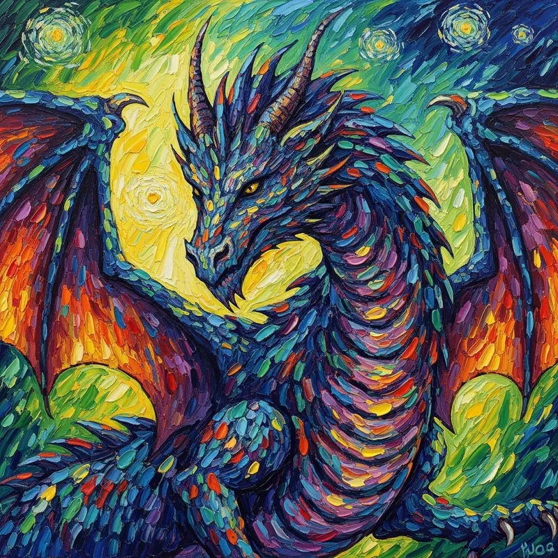 Majestic Dragon in Van Gogh Style - Artistic Oil Painting