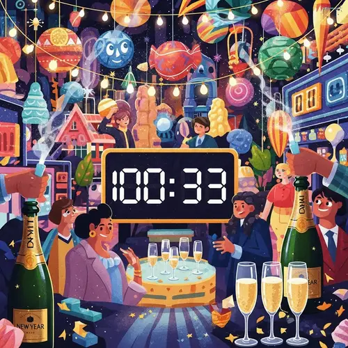 Vibrant New Year's Eve Celebration with Countdown Clock