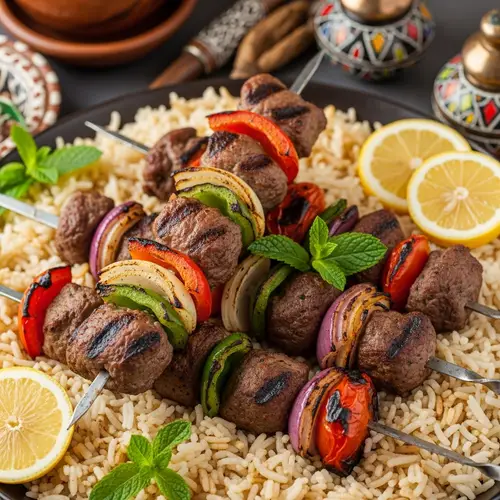 Delicious Kebabs on Basmati Rice Bed - Grilled Middle Eastern Delight