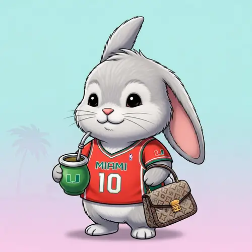 Cute Cartoon Rabbit in Miami Jersey with Mate Tea Cup and Designer Handbag