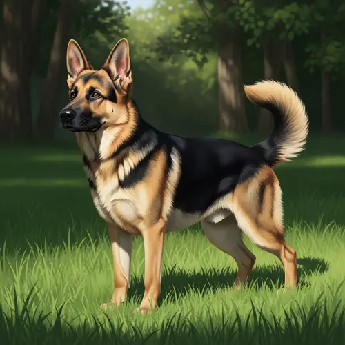 Alert Alsatian Dog in Grassy Field - German Shepherd Illustration