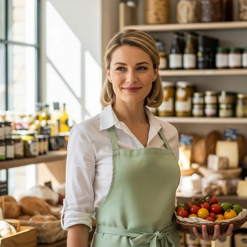 Friendly Female Salesperson in White Shirt and Green Apron