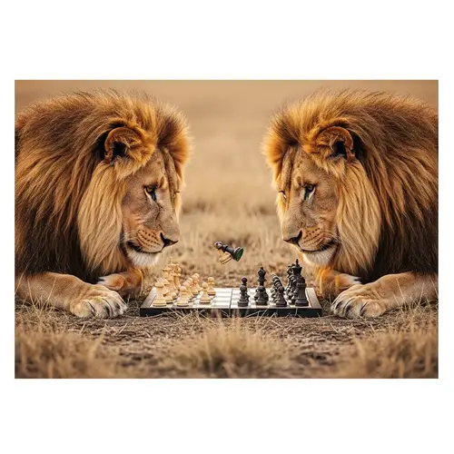 Majestic Lions Playing Chess - Contemporary Art on Savannah