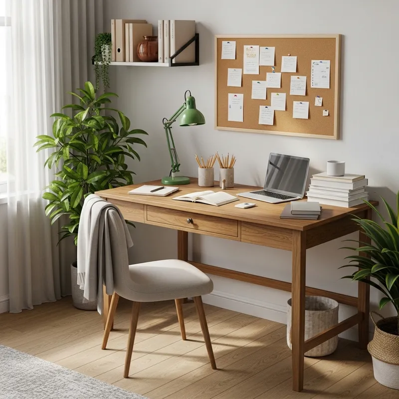 Cozy Wooden Studying Desk Setup with Laptop and Books Cozy Wooden Studying Desk Setup with Laptop and Books