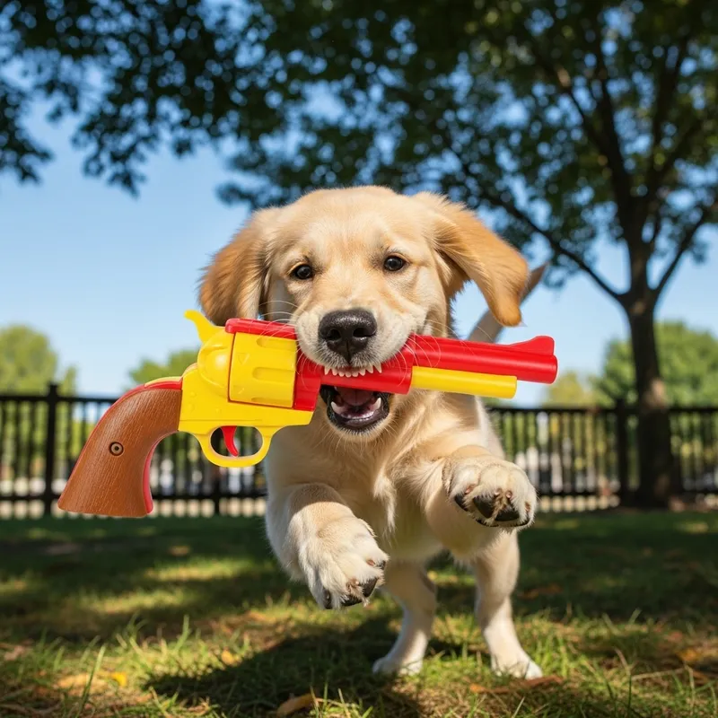 Adorable Puppy Plays with Vintage Pistol Toy