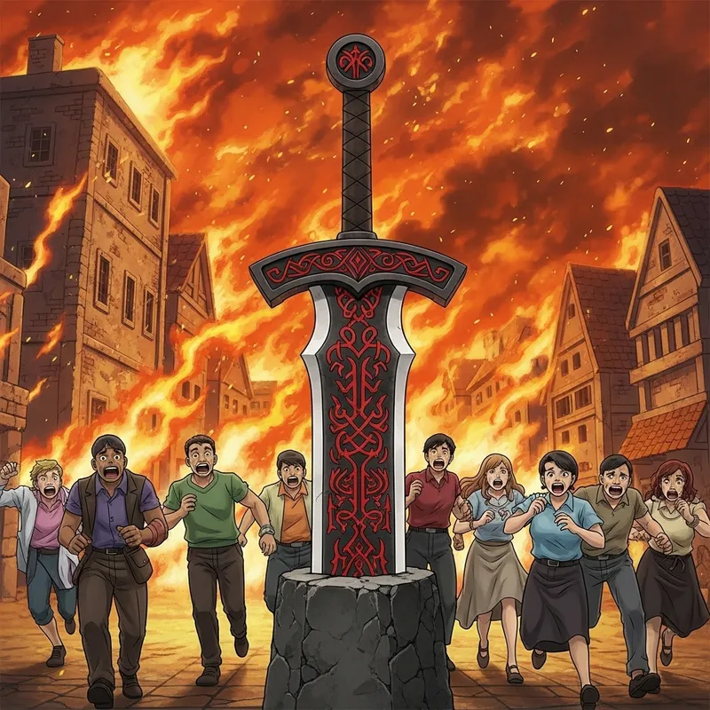 Chaos and Flame: Black Broadsword in Stone with Red Runic Engravings